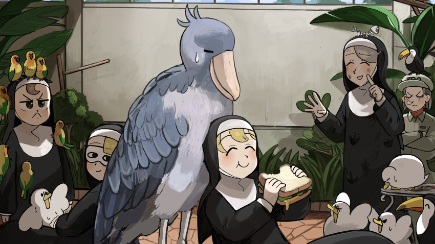 5girls :&lt; bird blonde_hair catholic chicken clumsy_nun_(diva) diva_(hyxpk) duck eating english_commentary froggy_nun_(diva) grey_hair habit highres leaf_nun_(diva) little_nuns_(diva) multiple_girls nose_bubble nun parrot sandwiched shoebill sleep_mask spicy_nun_(diva) toucan