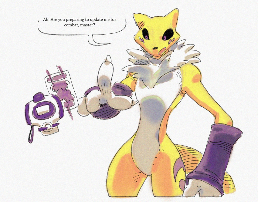 ambiguous_gender anthro armwear bandai_namco black_sclera breasts bridal_gauntlets card clothing digimon digimon_(species) english_text featureless_crotch hi_res multicolored_body neck_tuft nondelismell nude open_mouth purple_eyes question_mark renamon solo speech_bubble text tuft two_tone_body