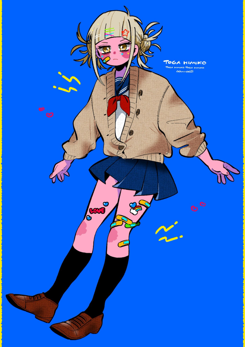 1girl anna_(aannnaa3) artist_name bandaid bandaid_on_cheek bandaid_on_face bandaid_on_leg bandaid_on_thigh bangs black_socks blonde_hair blue_background blue_sailor_collar blue_skirt blunt_bangs blush boku_no_hero_academia brown_cardigan brown_footwear cardigan character_name closed_mouth commentary_request double_bun frown full_body hair_bun hair_ornament hairclip heart highres kneehighs loafers long_sleeves messy_hair partially_unbuttoned pleated_skirt sailor_collar school_uniform serafuku shirt shoes short_hair sidelocks simple_background skirt socks solo star_(symbol) star_hair_ornament sticker_on_face sticker_on_leg toga_himiko white_shirt yellow_eyes