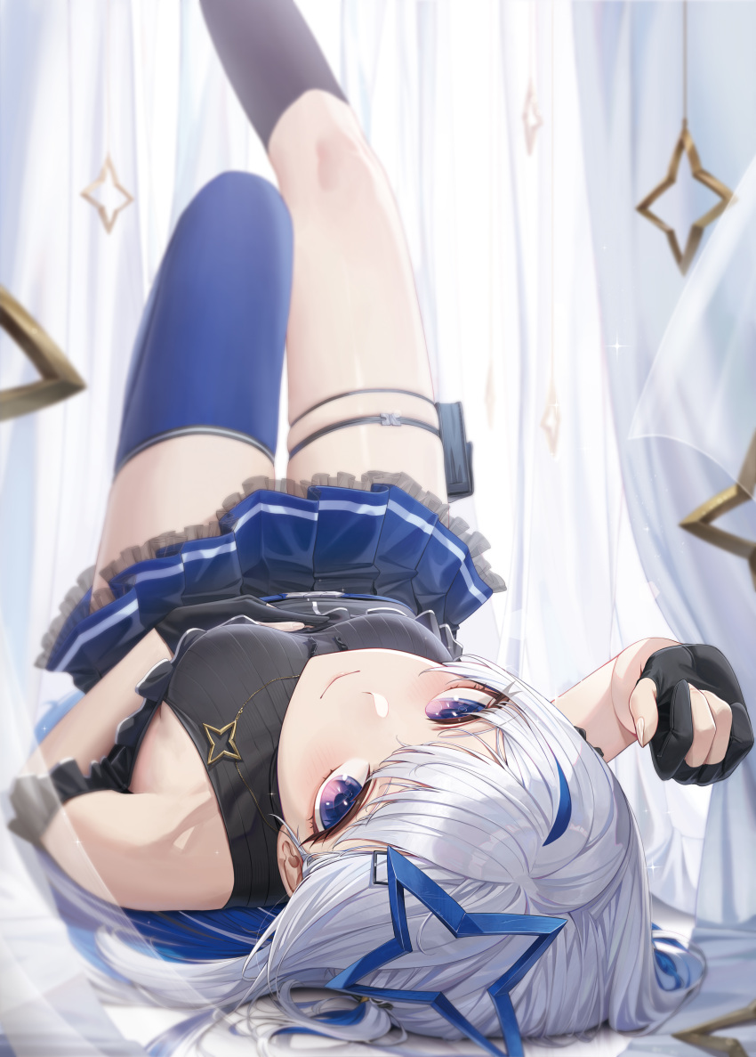 1girl absurdres amane_kanata asymmetrical_legwear bare_shoulders black_shirt black_socks blue_hair blue_skirt blue_thighhighs blush closed_mouth commentary_request cryturtle feet_out_of_frame frilled_skirt frills gloves halo hand_on_own_stomach hand_up highres hololive jewelry knee_up kneehighs leg_up long_hair looking_at_viewer lying miniskirt mismatched_legwear multicolored_hair necklace on_back partially_fingerless_gloves pleated_skirt purple_eyes shirt single_kneehigh single_sock single_thighhigh skirt smile socks solo star_(symbol) star_halo star_necklace thigh_strap thighhighs thighs uneven_legwear upside-down virtual_youtuber white_curtains white_hair