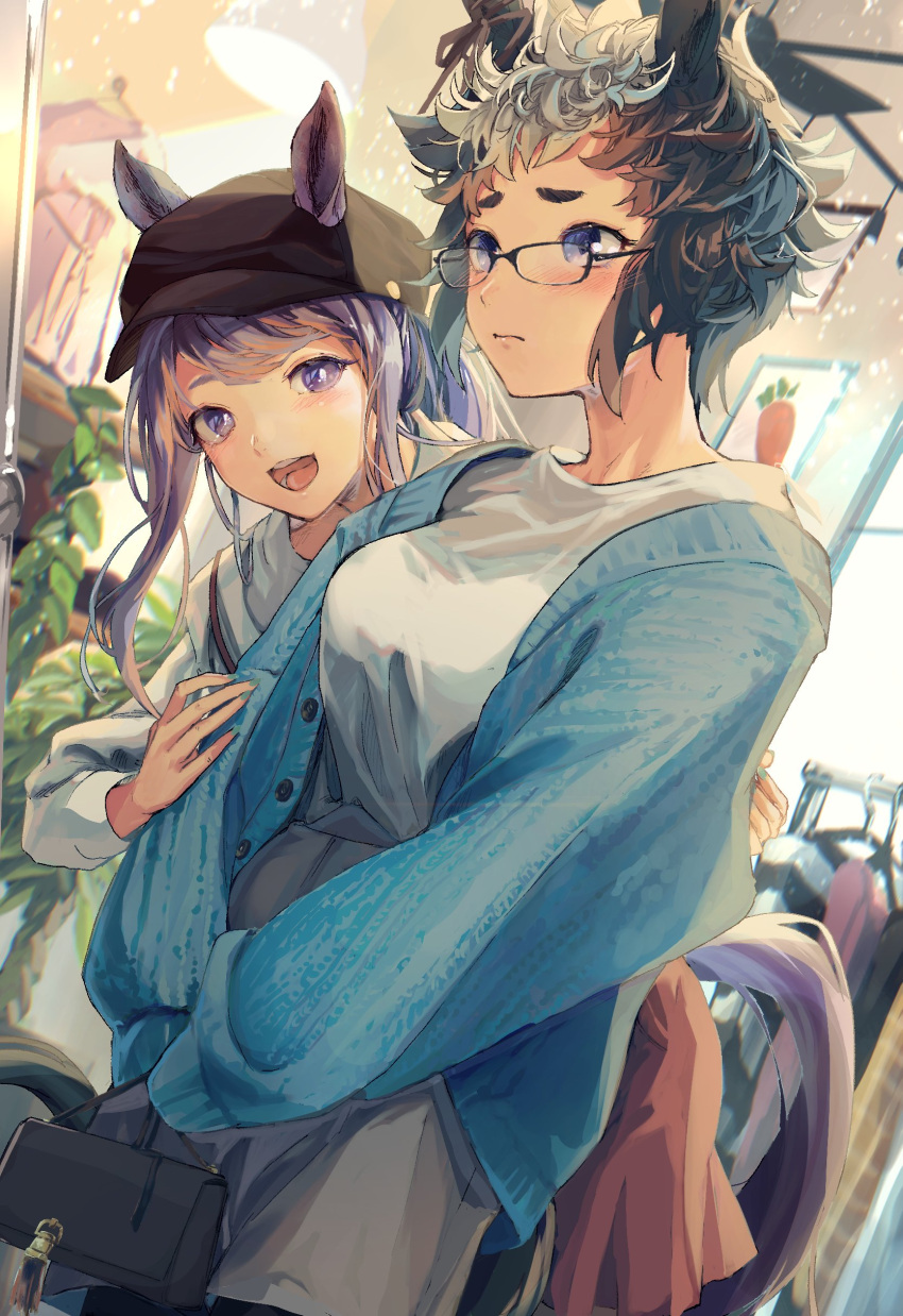 2girls absurdres alternate_costume animal_ears bag bangs bespectacled black_headwear blue_eyes blue_sweater blush breasts brown_hair closed_mouth clothes clothes_rack ears_through_headwear glass glasses grey_shorts handbag hanging_light hat highres horse_ears horse_girl horse_tail indoors long_hair long_sleeves mejiro_mcqueen_(umamusume) mejiro_ryan_(umamusume) multicolored_hair multiple_girls open_mouth orange_skirt plant purple_eyes purple_hair shirt shirt_tucked_in short_hair shorts skirt small_breasts smile standing sweater tail tanahashi_beiko thick_eyebrows two-tone_hair umamusume white_shirt