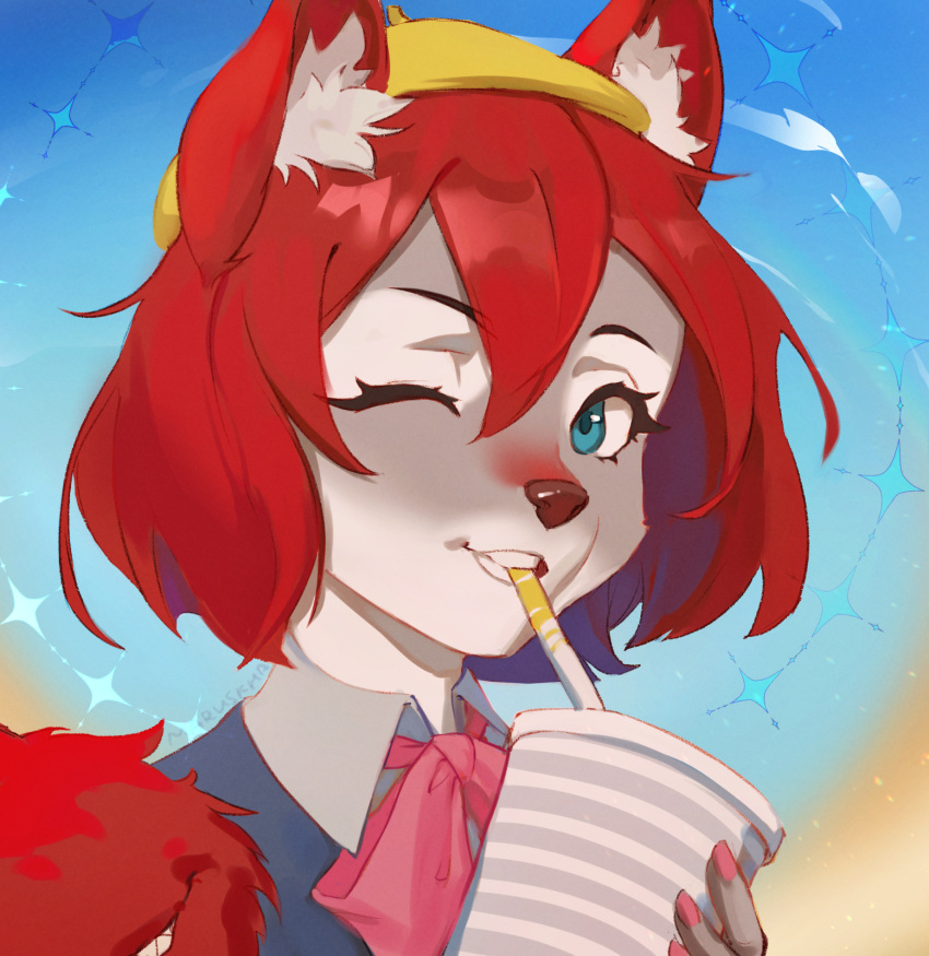 anthro beverage canid canine canis clothing drinking female hat headgear headwear hi_res legend_of_ahya looking_at_viewer mammal maruskha milkshake one_eye_closed school_uniform solo tail_mouth taylor_renee_wolford_(darkflamewolf) uniform unusual_anatomy unusual_tail wink winking_at_viewer winking_eye wolf