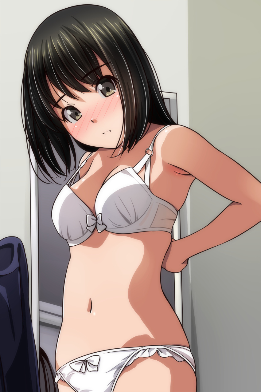 1girl absurdres adjusting_bra adjusting_clothes arms_behind_back black_hair blush bra breasts brown_eyes highres looking_at_viewer matsunaga_kouyou medium_breasts navel original panties parted_lips short_hair solo underwear underwear_only white_bra white_panties