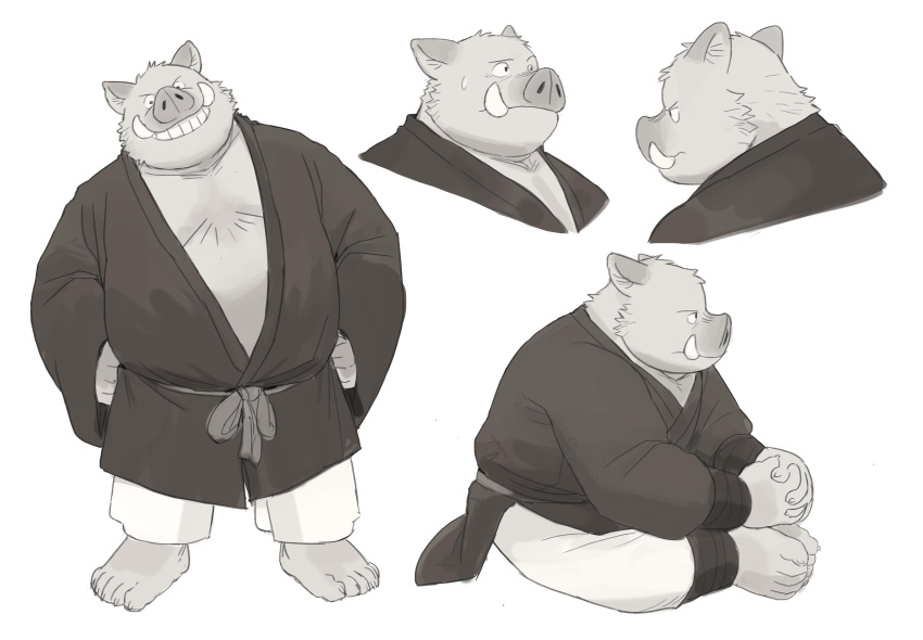 2022 absurd_res anthro belly big_belly clothed clothing hi_res huynhduyad14 kemono male mammal multiple_poses overweight overweight_male pose sitting solo suid suina sus_(pig) wild_boar