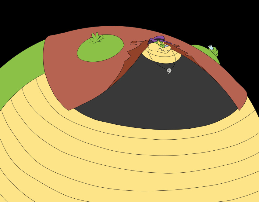 2022 4_fingers absurd_res alligator alligatorid anthro belly big_belly biped blazeinflator brok_(character) brok_the_investigator clothing crocodilian fingers green_body hat headgear headwear hi_res inflation overweight reptile scalie shirt simple_background solo spherical_inflation topwear video_games