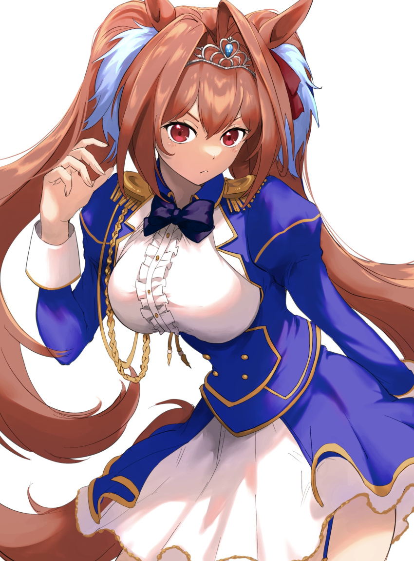 1girl aiguillette animal_ears bangs blue_bow blue_jacket blue_skirt bow bowtie breasts brown_hair center_frills closed_mouth contrapposto cowboy_shot daiwa_scarlet_(umamusume) epaulettes frills garter_straps hair_between_eyes hair_intakes hair_ornament hand_up highres horse_ears horse_girl horse_tail iwashi_111 jacket large_breasts leaning_forward long_hair long_sleeves looking_at_viewer multicolored_clothes multicolored_skirt puffy_sleeves red_eyes shirt simple_background skirt solo tail tiara twintails umamusume v-shaped_eyebrows very_long_hair white_background white_shirt white_skirt
