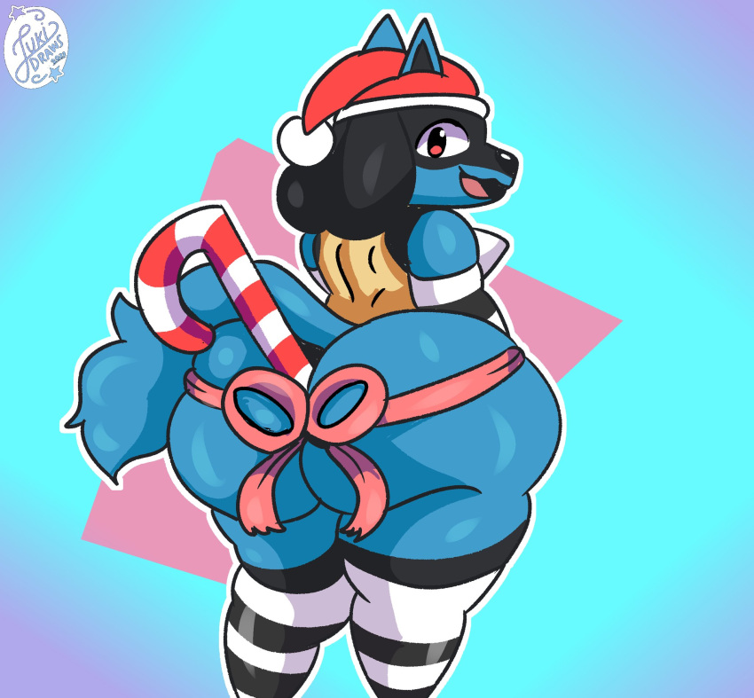 anthro batesbaits big_butt blue_body butt candy candy_cane canid canine christmas christmas_clothing christmas_headwear clothing dessert food fur generation_4_pokemon hat headgear headwear hi_res holidays juki_zu lingerie lucario male mammal nintendo pokemon pokemon_(species) santa_hat solo video_games wear