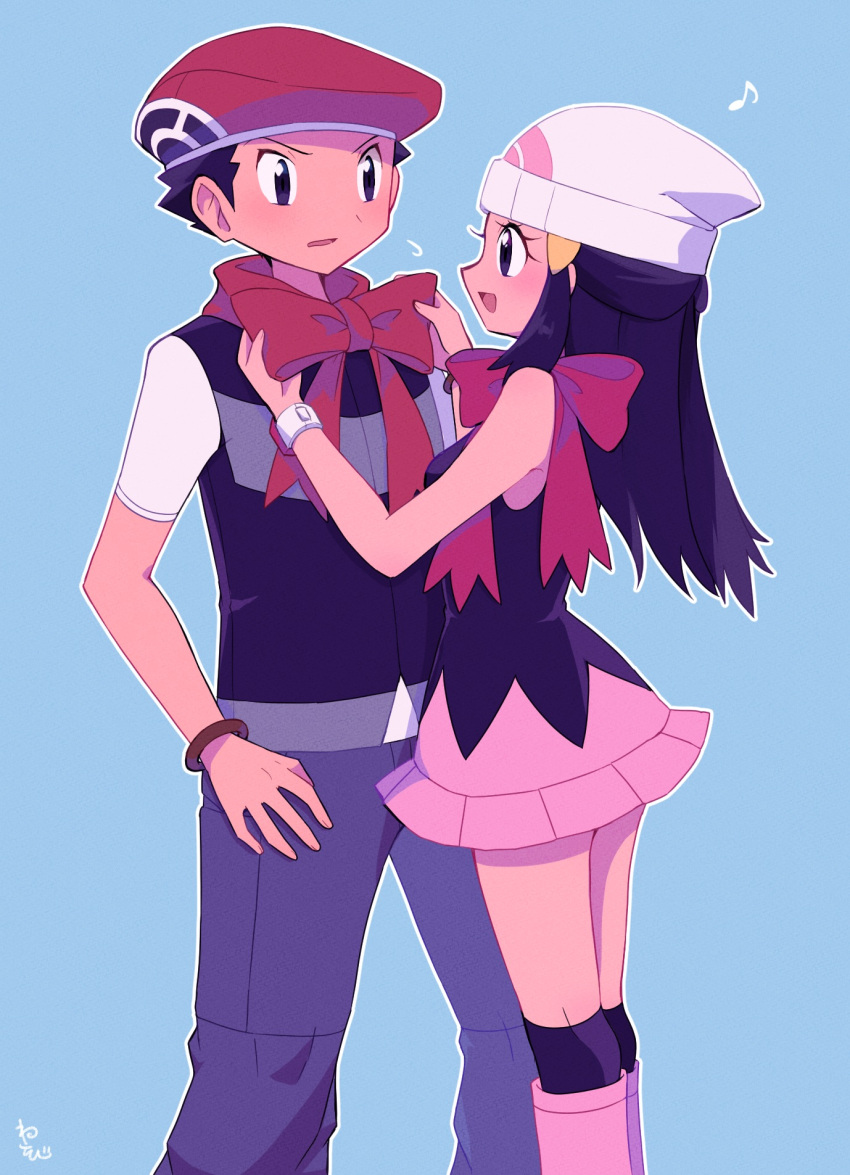 1boy 1girl bare_arms black_eyes black_shirt black_socks blue_background boots bow bracelet dawn_(pokemon) eye_contact from_side grey_pants hair_ornament hairclip hat highres jewelry knee_boots looking_at_another lucas_(pokemon) miniskirt musical_note outline pants pink_footwear pink_skirt poke_ball_print pokemon pokemon_(game) pokemon_dppt print_headwear red_bow red_headwear sawarabi_(sawarabi725) shirt short_sleeves simple_background skirt sleeveless sleeveless_shirt socks standing white_headwear white_sleeves