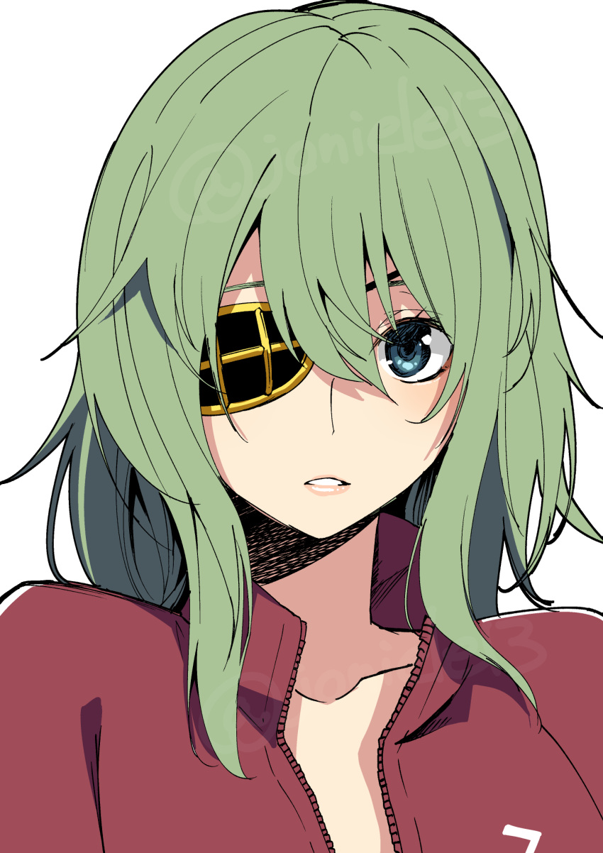 1girl blue_eyes clothes_writing commentary_request eyepatch green_hair highres jacket kantai_collection kiso_(kancolle) kiso_kai_ni_(kancolle) looking_at_viewer masukuza_j medium_hair official_alternate_costume parted_lips red_jacket simple_background solo track_jacket upper_body white_background