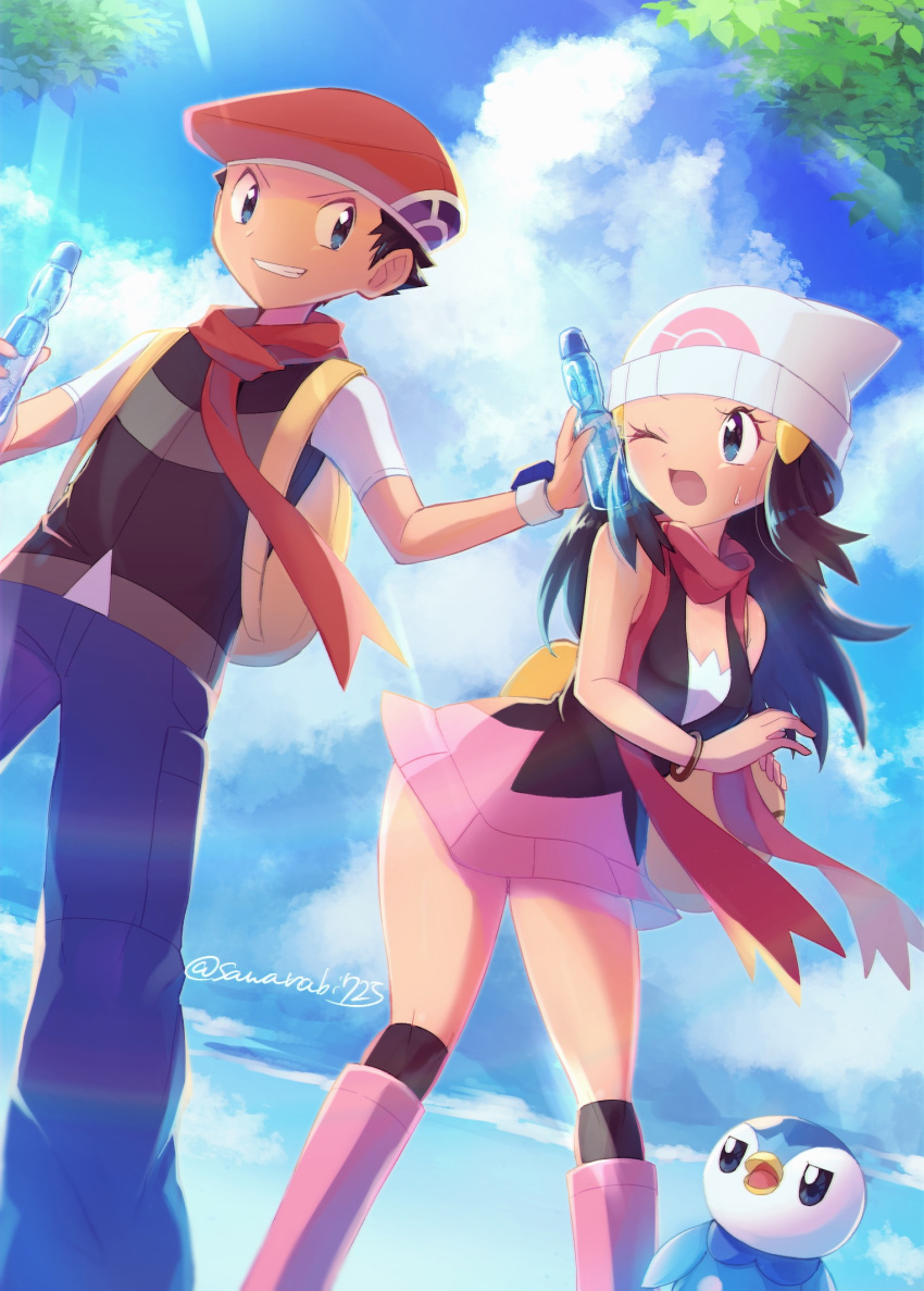 1boy 1girl black_hair black_shirt black_socks blue_eyes blue_pants blue_sky blush boots bottle cloud dawn_(pokemon) day floating_hair grin hair_ornament hairclip hat highres holding holding_bottle knee_boots kneehighs long_hair lucas_(pokemon) miniskirt one_eye_closed outdoors pants pink_footwear pink_skirt piplup poke_ball_print pokemon pokemon_(game) pokemon_dppt print_headwear ramune red_headwear red_scarf sawarabi_(sawarabi725) scarf shiny shiny_hair shirt short_hair short_sleeves skirt sky sleeveless sleeveless_shirt smile socks sunlight sweatdrop twitter_username white_headwear white_sleeves