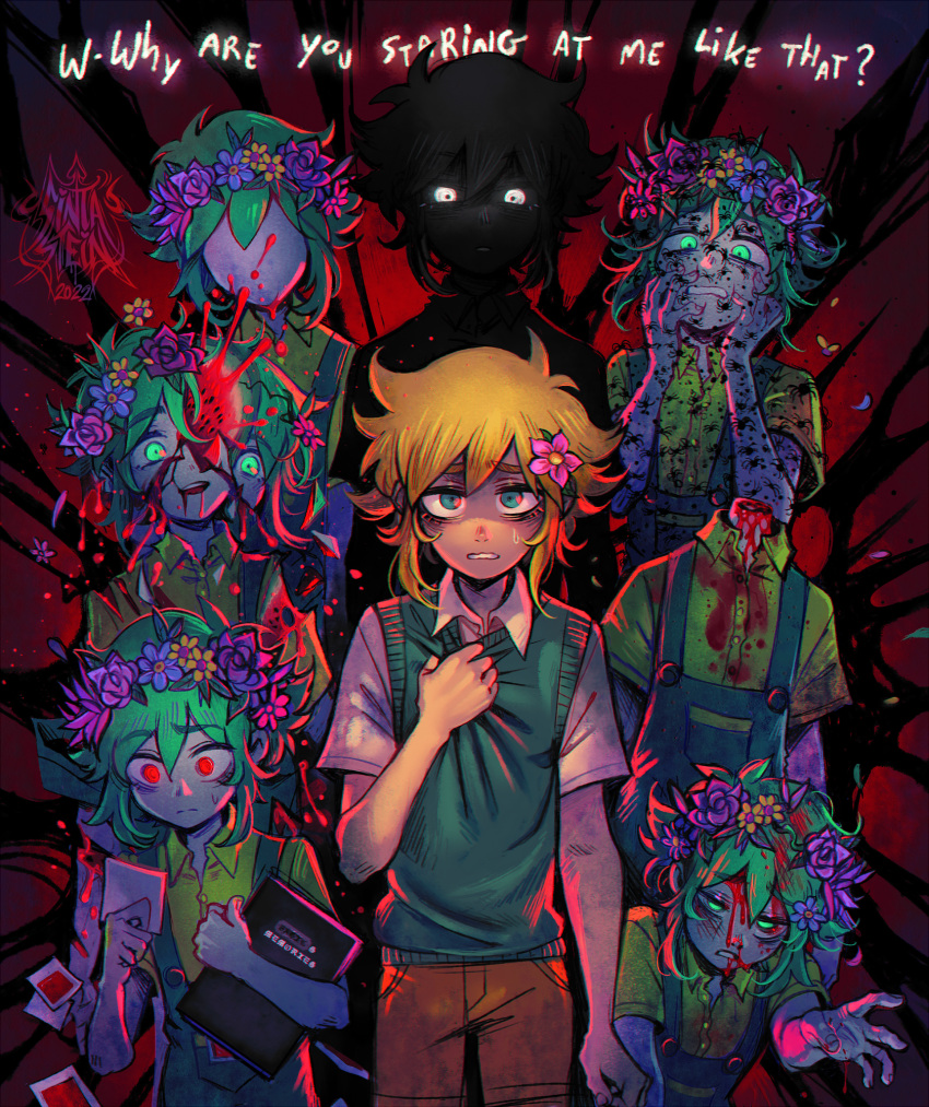 6+boys basil_(omori) black_hair black_skin blonde_hair blood blood_on_clothes blood_on_face blue_eyes blue_overalls book brown_shorts bug cargo_shorts closed_mouth collared_shirt colored_skin decapitation english_text faceless faceless_male flower food fruit glowing glowing_eyes green_eyes green_hair green_sweater_vest guro hair_flower hair_ornament head_wreath highres holding holding_book holding_photo looking_at_viewer looking_away multiple_boys omori open_mouth overall_shorts overalls parted_lips photo_(object) red_eyes scared shirt short_hair shorts sintastein smile spider spoilers stranger_(omori) sweatdrop sweater_vest teeth upper_teeth watermelon watermelon_slice white_eyes white_shirt white_skin yellow_shirt