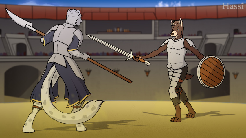 16:9 anthro armor canid canine canis clothed clothing detailed_background digital_media_(artwork) domestic_dog duo felid feline fur glaive hair hassillio hi_res holding_object holding_weapon male mammal melee_weapon outside pantherine polearm shield snow_leopard spots standing sword tournament wallpaper warrior weapon widescreen