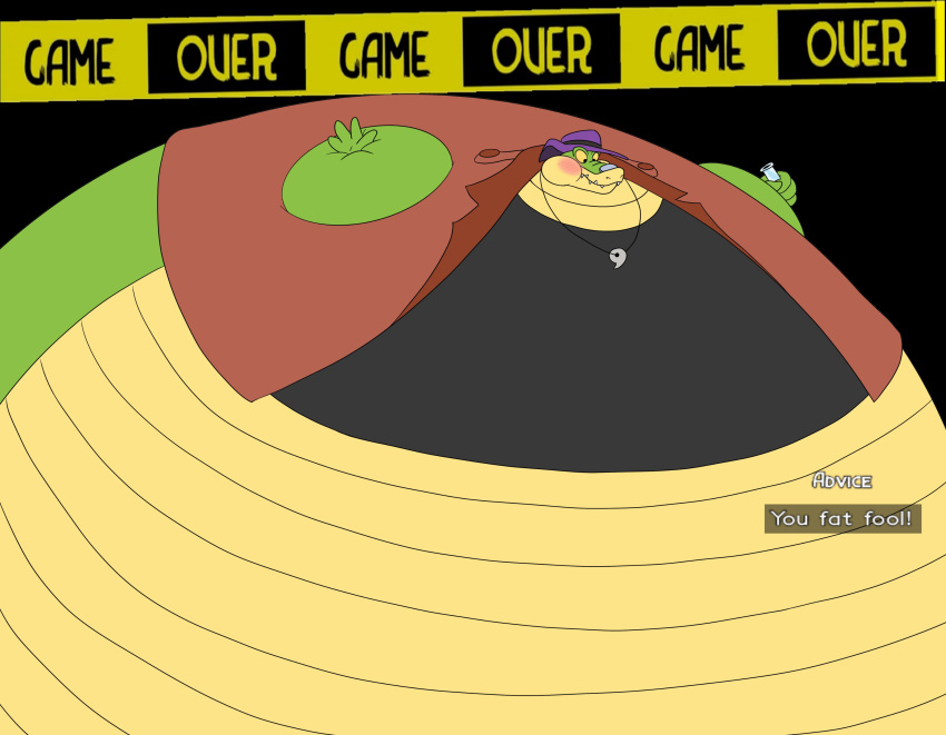 2022 4_fingers absurd_res alligator alligatorid anthro belly big_belly biped blazeinflator blush brok_(character) brok_the_investigator clothing crocodilian fingers green_body hat headgear headwear hi_res inflation overweight reptile scalie shirt simple_background solo spherical_inflation topwear video_games