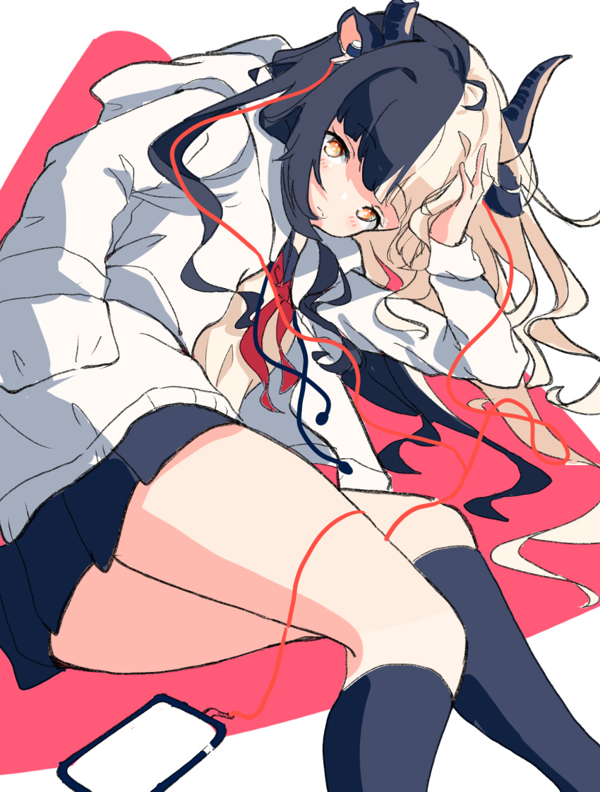 1girl animal_ears arm_up bangs black_hair black_horns black_skirt black_socks blush bow bowtie c4_art cellphone closed_mouth cow_ears cow_girl cow_horns earbuds earphones feet_out_of_frame highres hood hoodie horns indie_virtual_youtuber long_hair looking_at_viewer makino_shiro miniskirt multicolored_hair open_clothes open_hoodie phone pleated_skirt red_bow red_bowtie skirt smartphone socks solo split-color_hair two-tone_hair virtual_youtuber white_hair white_hoodie yellow_eyes