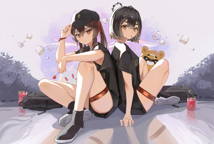 2girls absurdres alternate_costume arm_on_knee back-to-back backpack backpack_removed bag bangs baseball_cap black_footwear black_hair black_headwear black_shirt boo_tao_(genshin_impact) brown_hair candy casual closed_mouth commentary_request contemporary crossed_legs food full_body genshin_impact guoba_(genshin_impact) hair_between_eyes hat highres holding holding_candy holding_food holding_lollipop hu_tao_(genshin_impact) ice ice_cube knees_up lollipop looking_at_viewer lycsakd matching_outfit medium_hair multiple_girls orange_eyes shirt short_hair short_sleeves thighlet xiangling_(genshin_impact) yellow_eyes