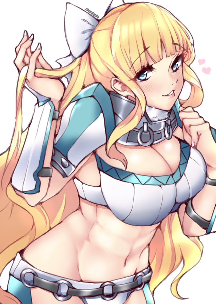 1340smile 1girl artist_name bangs blonde_hair blue_eyes blush bow breasts charlotte_(fire_emblem) cleavage crop_top fire_emblem fire_emblem_fates hair_bow hand_in_own_hair heart highres large_breasts long_hair looking_at_viewer navel smile solo stomach toned very_long_hair white_background white_bow