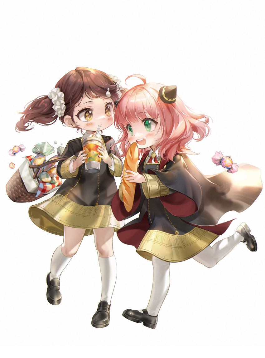 2girls absurdres ahoge anya_(spy_x_family) baguette bangs basket becky_blackbell blush bread brown_hair candy child chinese_commentary cup disposable_cup drinking_straw_in_mouth eden_academy_uniform female_child food green_eyes hairpods highres huangbanmimi medium_hair multiple_girls open_mouth pink_hair robe school_uniform simple_background spy_x_family twintails white_background yellow_eyes