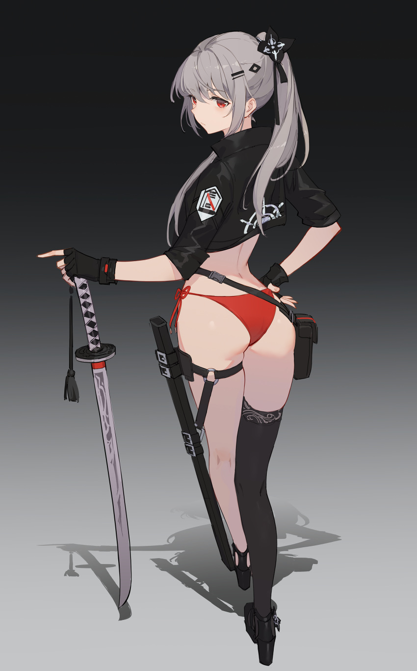 1girl absurdres ass bikini black_footwear black_gloves black_shirt black_thighhighs chinese_commentary closed_mouth crop_top crop_top_overhang fingerless_gloves from_behind full_body gloves grey_hair hair_ornament hairclip hand_on_hip highres katana lance_(lancelliu) long_hair looking_at_viewer looking_back midriff no_pants original ponytail red_bikini red_eyes sheath shirt shoes short_sleeves side-tie_bikini_bottom sidelocks single_thighhigh skindentation solo standing string_bikini swimsuit sword tassel thigh_strap thighhighs thighs unsheathed weapon