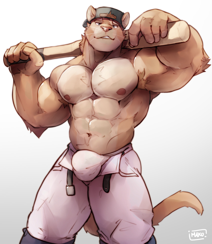 absurd_res anthro baseball_bat baseball_cap baseball_uniform bat_(object) big_bulge big_muscles blue_eyes bulge clothed clothing cougar felid feline hat headgear headwear hi_res looking_at_viewer looking_pleasured makowolf1 male mammal mexican_pacific_league muscular simple_background smile smiling_at_viewer solo sportswear underwear uniform white_background yaco_puma yaquis_de_obregon