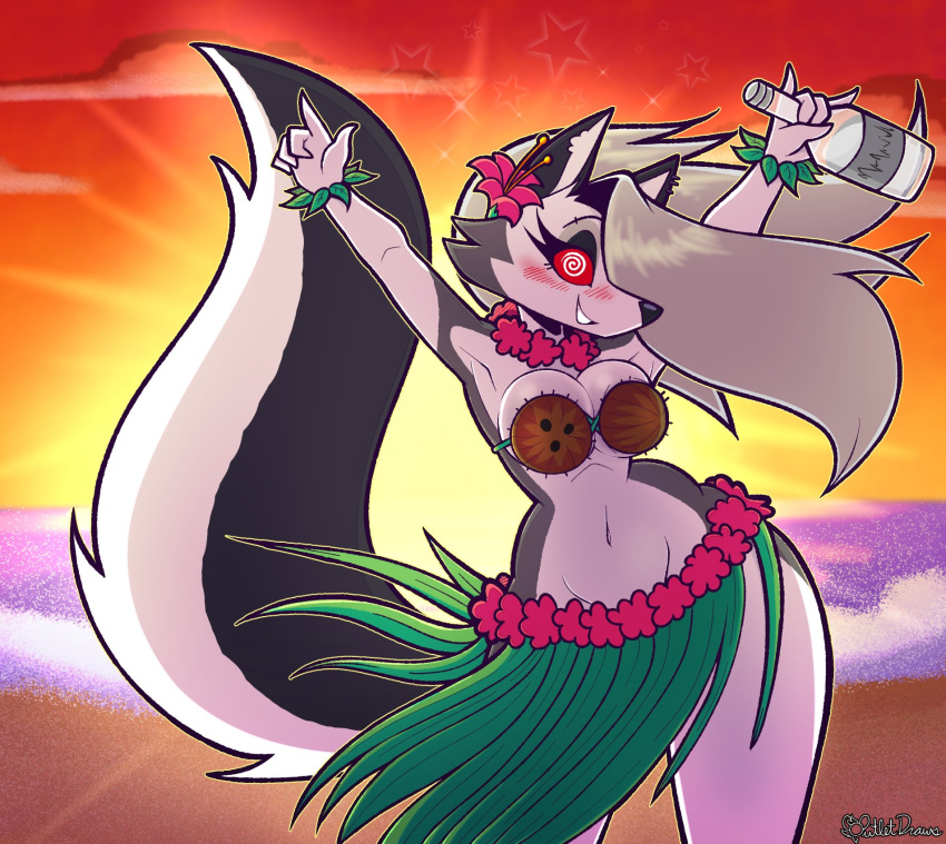 anthro beach big_breasts blush breasts canid canid_demon canine canis coconut_bra dancing demon female grass_skirt grin hellhound helluva_boss hi_res hypnosis loona_(helluva_boss) mammal mind_control outletdraws seaside smile solo spiral_eyes sunset wide_hips wolf