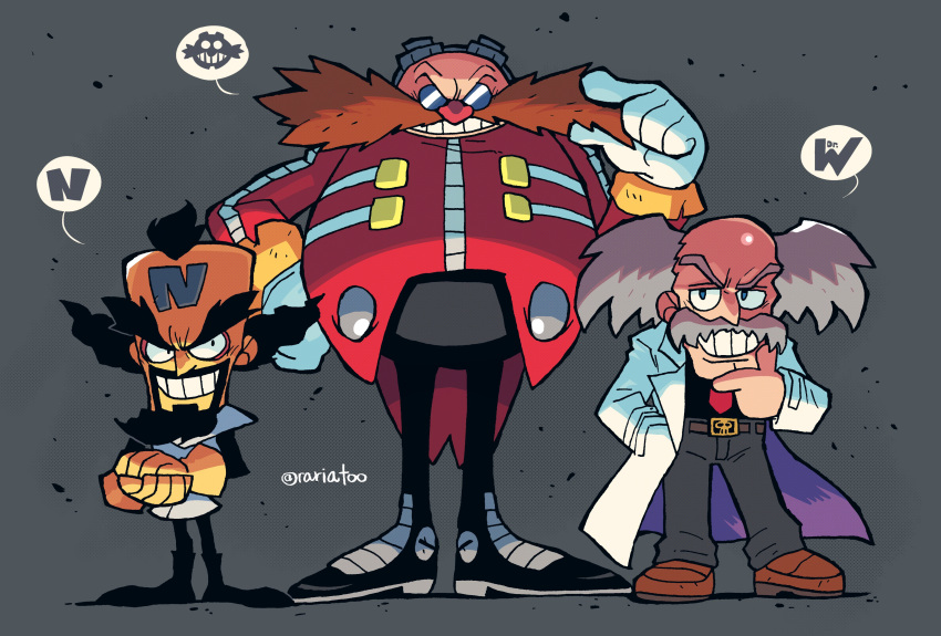 3boys absurdres bald colored_skin crash_bandicoot_(series) crossover dr._eggman dr._wily_(mega_man) evil_grin evil_smile facial_hair glasses gloves goggles goggles_on_head grin highres jacket labcoat male_focus mega_man_(classic) mega_man_(series) multiple_boys multiple_crossover mustache neo_cortex pants rariatto_(ganguri) red_jacket scientist shoes smile sonic_(series) trait_connection white_gloves yellow_gloves yellow_skin