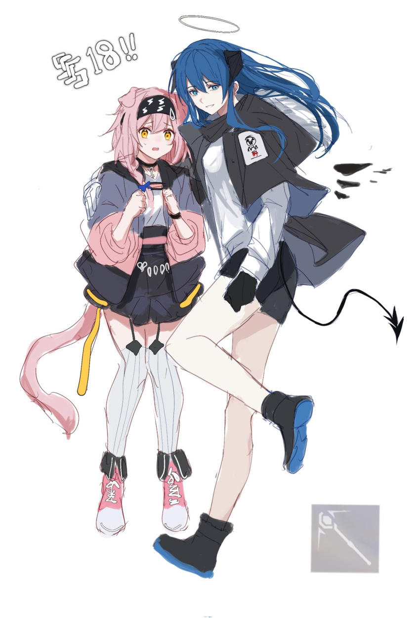 2girls animal_ears ankle_boots arknights arm_around_shoulder bangs bare_legs black_footwear black_gloves black_hairband black_shorts black_skirt blue_eyes blue_hair blush boots braid breasts cat_ears cat_girl cat_tail chinese_text demon_girl demon_horns demon_tail detached_wings energy_wings garter_straps gloves goldenglow_(arknights) hair_over_shoulder hairband halo highres horns jacket large_breasts leg_up lightning_bolt_print long_hair looking_at_viewer mostima_(arknights) multiple_girls open_clothes open_jacket orange_eyes parted_lips pink_footwear pink_hair scissors shirt shorts simple_background single_braid skirt smile tail thighhighs very_long_hair white_background white_shirt white_thighhighs wings zettai_ryouiki zuo_daoxing