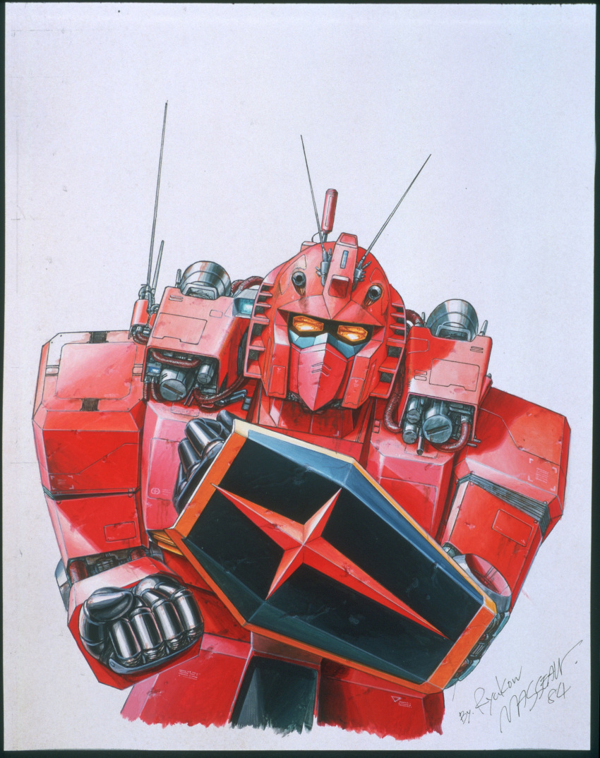 1984_(year) absurdres artist_name clenched_hands gundam gundam_msv highres leaning_to_the_side mecha orange_eyes radio_antenna robot rx-78-2_gundam_casval_custom ryukow_masseau shield solo traditional_media upper_body white_background