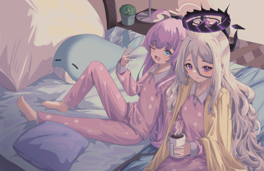 2girls ;o absurdres ahoge bangs barefoot bed bed_sheet blue_archive cake_walker coffee coffee_mug commentary_request cup demon_girl demon_horns demon_wings desk_lamp from_above hair_between_eyes halo highres hina_(blue_archive) holding holding_cup horns hoshino_(blue_archive) lamp long_hair long_sleeves looking_at_viewer looking_up mug multiple_girls official_alternate_costume one_eye_closed pajamas pillow pink_hair pink_pajamas plant polka_dot polka_dot_pajamas potted_plant purple_eyes sidelocks sitting sleepover sleepy steam stuffed_whale toes white_hair wings