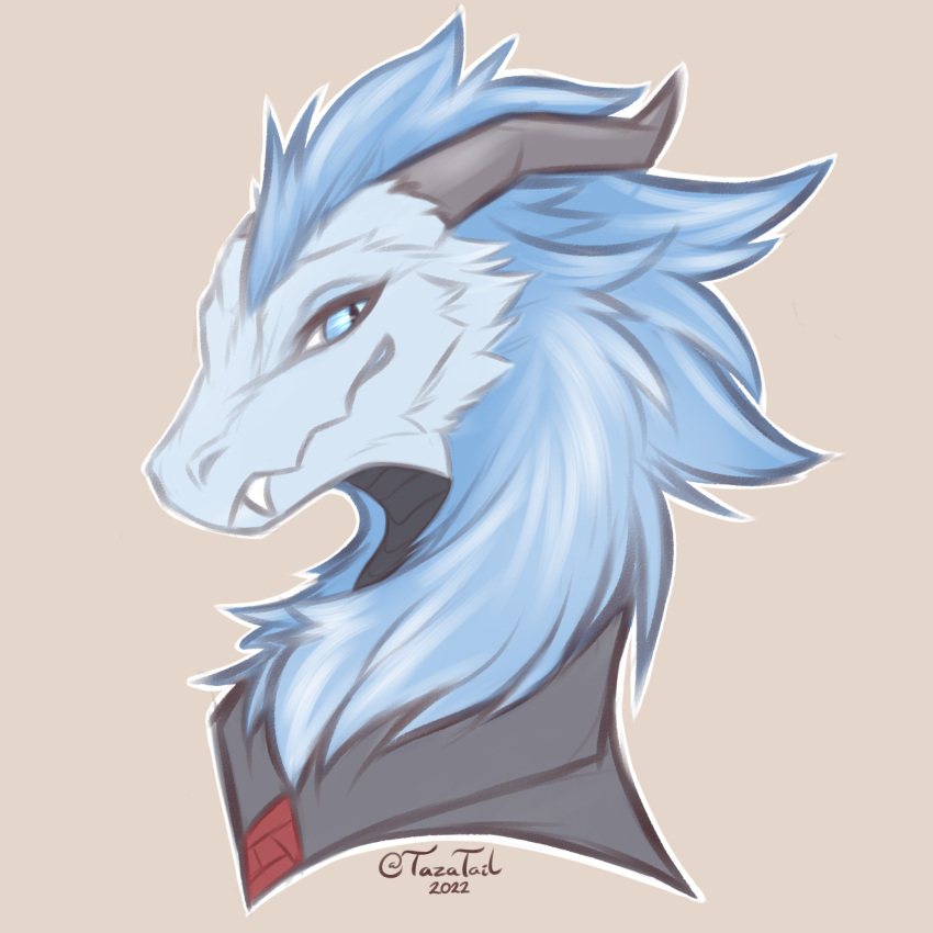 bedroom_eyes blue_body blue_fur bust_portrait dragon fluffy fur furred_dragon hi_res narrowed_eyes portrait rhys rhysimrind seductive smile smirk snaggle_tooth suit_jacket tazatail