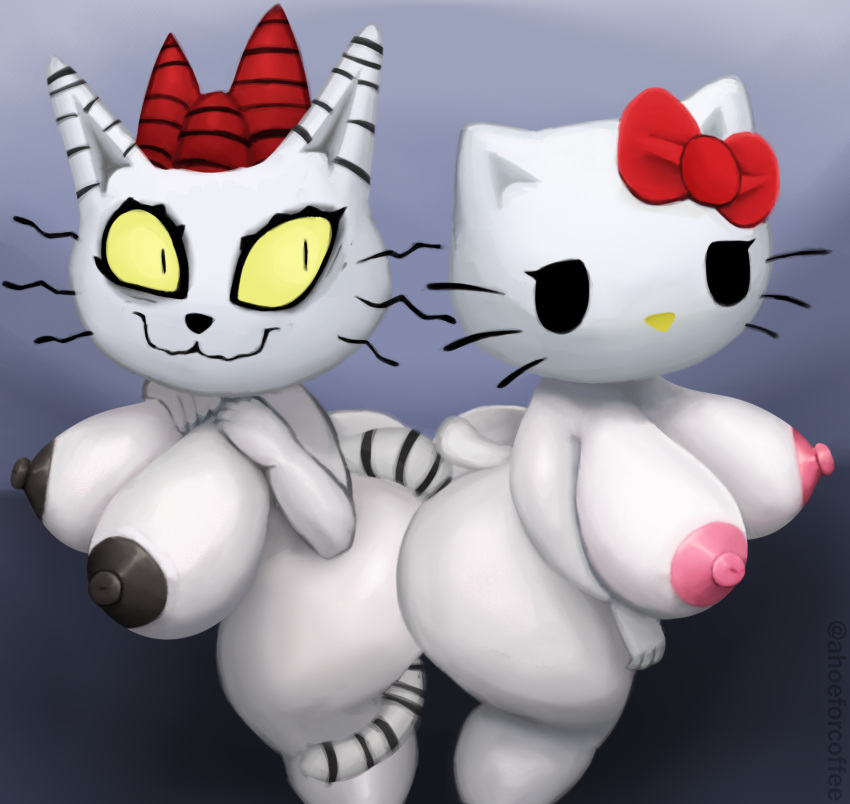 anthro big_breasts black_eyes black_nipples bow_accessory breasts coffeewithdicks domestic_cat duo empty_eyes erect_nipples felid feline felis female fur hello_kitty_(character) hello_kitty_(series) hi_res hot_topic makeup mammal markings mascot nipples nude pink_nipples pupils sanrio simple_background slit_pupils small_tail striped_markings striped_tail stripes sweetypuss tail_markings thick_thighs whiskers white_body white_fur wide_hips yellow_sclera