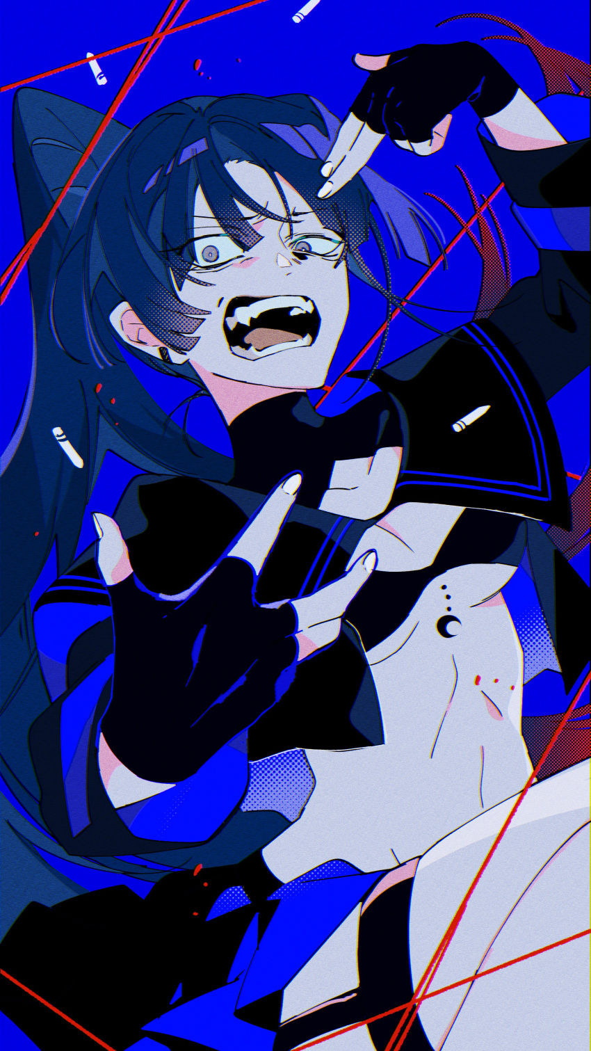 1girl absurdres ado_(singer) black_bra black_gloves blue_background blue_hair blue_theme bra bright_pupils chromatic_aberration commentary crescent dark_blue_hair fangs fingerless_gloves garter_straps gloves grey_eyes halftone high_ponytail highres limited_palette long_hair long_sleeves looking_at_viewer naima_(usseewa) omutatsu open_mouth shrug_(clothing) simple_background solo stomach string thigh_strap underwear usseewa very_long_hair white_pupils