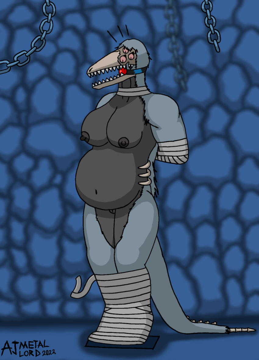 2022 ajmetallord anthro ball_gag big_breasts bone breasts chain digital_drawing_(artwork) digital_media_(artwork) dungeon female gag genitals hi_res leather mummification mummified mummy_bandages pregnant pregnant_female pussy reptile scalie scp-682 scp_foundation skull skull_head solo teeth thick_thighs