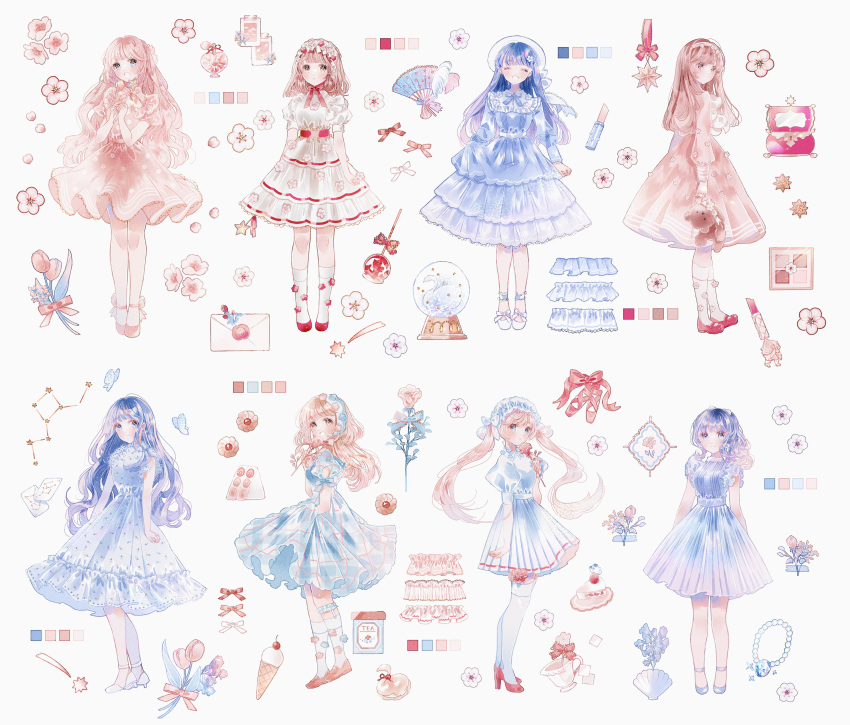 6+girls ^_^ absurdres beads blue_dress blue_hair bottle bow cake cake_slice cherry_blossoms choker clam_shell closed_eyes constellation cosmetics dress envelope flower food fruit hand_fan high_heels highres holding holding_wand ice_cream_cone jewelry light_brown_hair lipstick_tube long_hair looking_at_viewer looking_to_the_side makeup medium_hair multiple_girls original pastel_colors perfume_(cosmetics) perfume_bottle photo_(object) pink_dress pink_flower pink_footwear pink_hair pink_tulip red_bow red_flower red_footwear ribbon ribbon_choker sakuraba_nao simple_background smile snow_globe socks star_(symbol) star_wand strawberry tulip wand white_background white_bow white_dress white_flower white_ribbon white_socks