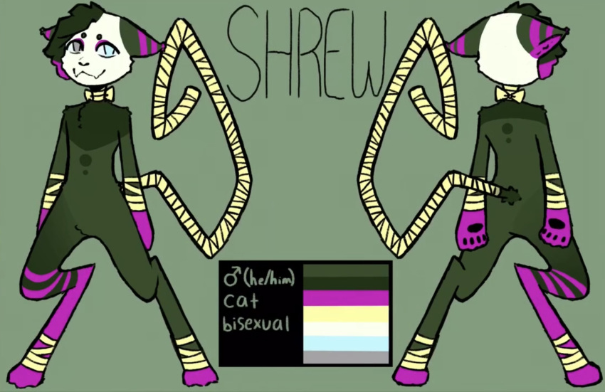 anthro bandage blue_eyes chest_tuft colored digitigrade domestic_cat dreamscreep ear_tuft eye_markings eyebrows facial_tuft fan_character felid feline felis fur gloves_(marking) green_body green_fur green_hair grey_eyes hair handpaw heterochromia hi_res hindpaw inner_ear_fluff leg_markings long_tail male mammal markings model_sheet multicolored_body multicolored_fur neck_bow paws pink_body pink_fur pink_hair socks_(marking) solo striped_body striped_fur stripes thin_tail tuft