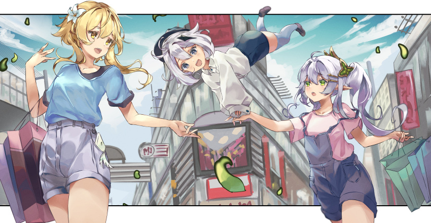 3girls absurdres alternate_costume bag bangs blonde_hair blue_sky blurry building casual cellphone cloud cloudy_sky commentary contemporary depth_of_field english_commentary floating flower genshin_impact green_eyes grey_eyes hair_between_eyes hair_flower hair_ornament hairclip hat highres long_hair long_sleeves looking_at_another looking_at_viewer lumine_(genshin_impact) moelava multiple_girls nahida_(genshin_impact) overall_shorts overalls paimon_(genshin_impact) phone pointy_ears shopping_bag short_hair short_hair_with_long_locks short_sleeves shorts side_ponytail sidelocks sky skyline smartphone symbol-shaped_pupils white_hair wind yellow_eyes