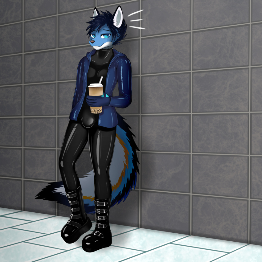 1:1 beverage blue_eyes blue_hair boots bubble_tea bulge canid canine canis clothed clothing coyote digital_media_(artwork) dutchsyndicalist footwear hair hi_res jacket looking_at_viewer male mammal multicolored_tail rubber smile solo topwear