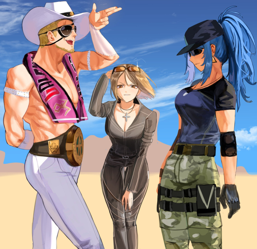 1boy 2girls antonov_(kof) baseball_cap blonde_hair blue_hair breasts brown_hair clark_still cosplay costume_switch cowboy_hat cross cross_necklace dan_koflove desert dog_tags eyepatch hat highres jewelry k'_(kof) leona_heidern multicolored_clothes multiple_girls necklace pants ponytail ramon_(kof) sunglasses the_king_of_fighters the_king_of_fighters_xv whip_(kof) white_pants