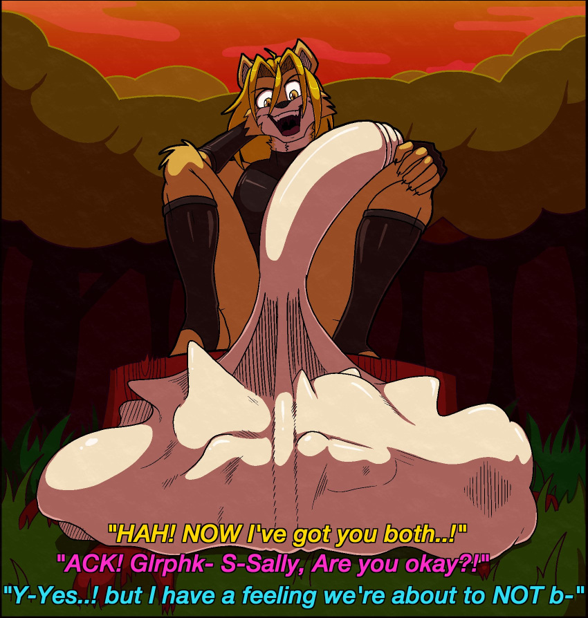 anthro archie_comics balls big_balls big_penis canid canine canis caption cock_vore crouching dialogue domestic_dog female female_prey forest genitals group half-erect hi_res huge_balls huge_penis hyper hyper_balls hyper_genitalia hyper_penis male male/female male_pred mammal multiple_prey nicole_the_lynx open_mouth outside penile penis plant sally_acorn same_size_vore sega sequence sitting_on_stump sonic_the_hedgehog_(archie) sonic_the_hedgehog_(comics) sonic_the_hedgehog_(series) spazman struggling tree trio unseen_character vore