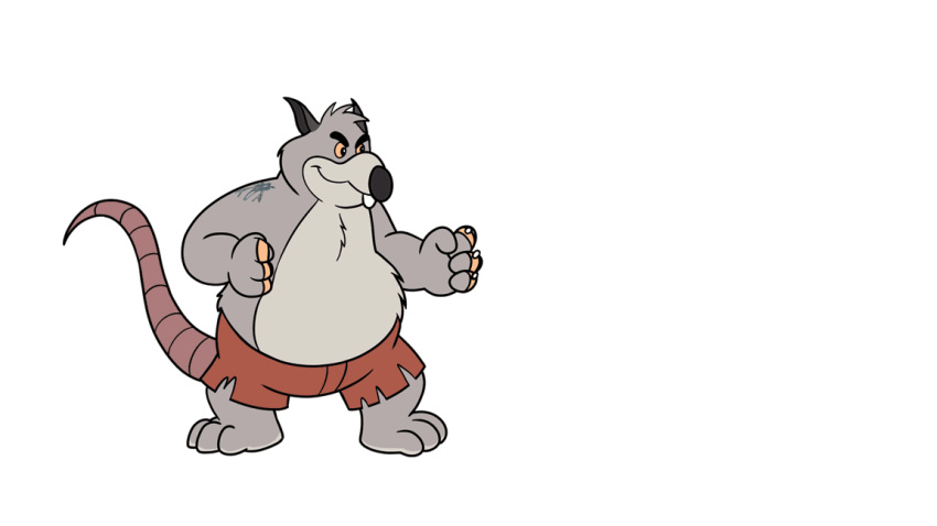 animated anthro belly big_belly black_nose bottomwear brok_the_investigator clothing cowcatgames fur generic_rat_(brok_the_investigator) grey_body grey_fur humanoid_hands male mammal murid murine official_art overweight overweight_male rat rodent shorts solo video_games