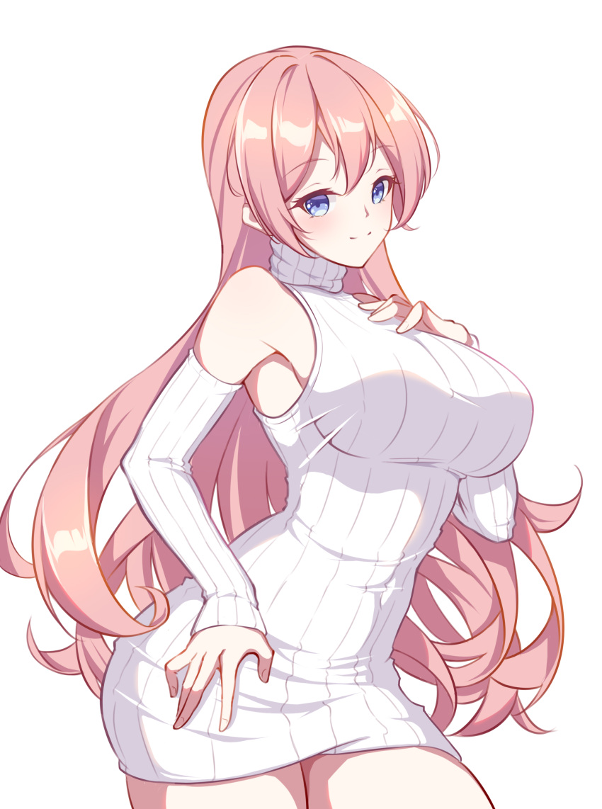 1girl absurdres bare_shoulders blue_eyes breasts closed_mouth contrapposto covered_navel cowboy_shot detached_sleeves dress hair_between_eyes hand_on_hip hand_on_own_chest highres large_breasts light_blush long_hair looking_at_viewer original phantom_racher pink_hair ribbed_dress ribbed_sweater shirt short_dress sideboob simple_background solo sweater sweater_dress taut_clothes taut_shirt tight tight_dress turtleneck turtleneck_sweater very_long_hair white_background white_dress white_sweater