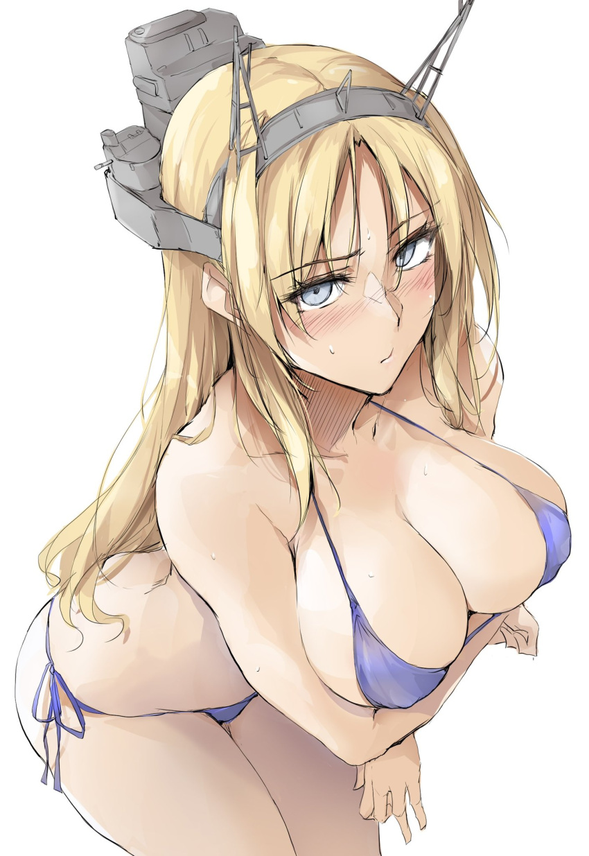 1girl arms_under_breasts bikini blonde_hair blue_bikini blue_eyes blush breasts cleavage collarbone embarrassed headgear highres kantai_collection large_breasts looking_at_viewer nelson_(kancolle) side-tie_bikini_bottom simple_background solo swimsuit white_background zekkyon