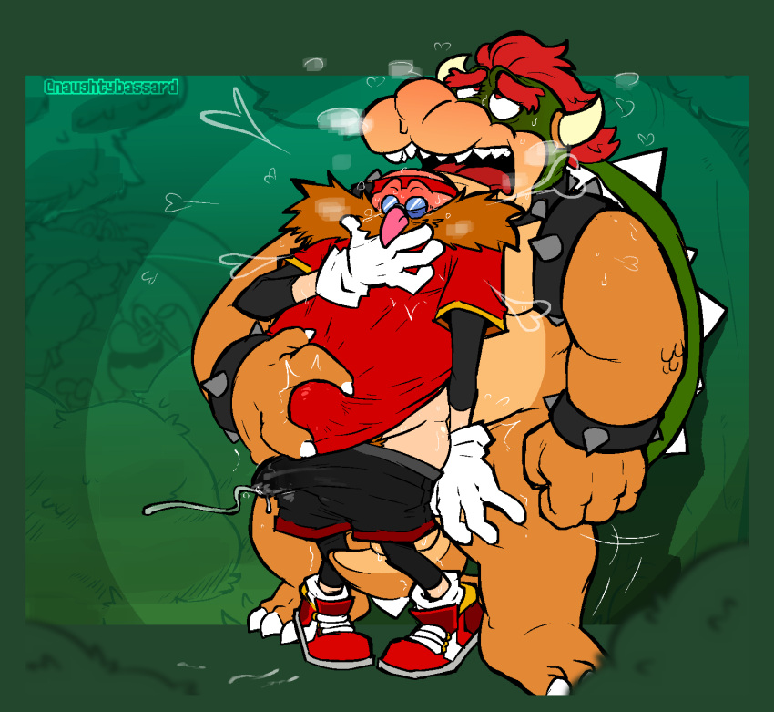 abdominal_bulge anal big_mustache bodily_fluids bottomwear bowser breath bulge clothed clothing cum cum_in_clothing cum_through_clothing dr._eggman duo erection erection_under_clothing footwear genital_fluids gloves hair handwear hi_res horn human long_mustache male male/male mammal mario_bros naughtybassard nintendo orgasm penetration pubes red_hair sega sex shell shoes shorts size_difference sonic_the_hedgehog_(series) spikes tenting video_games wet wet_clothing