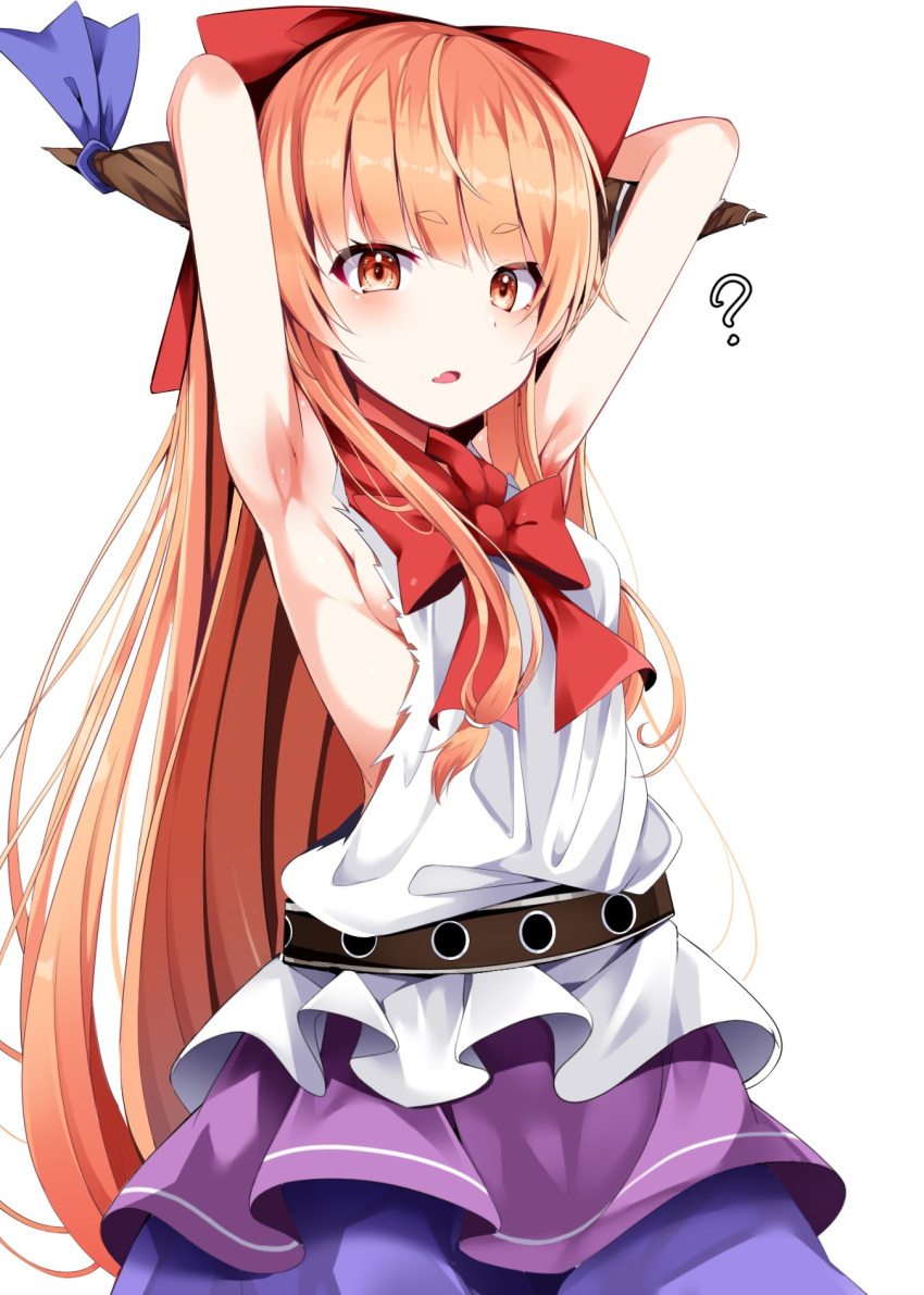 1girl ? armpits arms_behind_head bangs belt blue_bow blunt_bangs blush bow bowtie breasts brown_horns buta_(uhoiiotoko) commentary_request cowboy_shot hair_bow highres horn_bow horn_ornament horns ibuki_suika long_hair looking_at_viewer open_mouth orange_eyes orange_hair purple_skirt red_bow red_bowtie shirt sideboob simple_background skirt sleeveless sleeveless_shirt small_breasts solo touhou very_long_hair white_background white_shirt