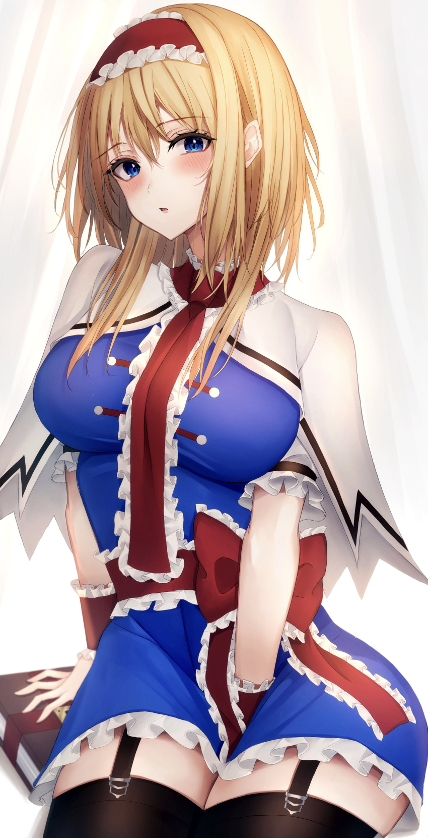 .me 1girl absurdres alice_margatroid ascot black_thighhighs blonde_hair blue_dress blue_eyes book capelet dress frilled_ascot frilled_dress frills garter_straps grimoire_of_alice hairband highres lolita_hairband puffy_short_sleeves puffy_sleeves red_ascot red_hairband short_hair short_sleeves simple_background solo thighhighs touhou white_background white_capelet