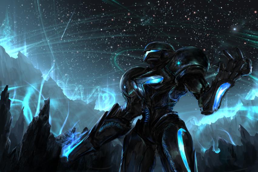 arm_cannon dark_samus dennou_manjuu helmet looking_up metroid metroid_prime_3:_corruption mountain no_humans phazon sky space star_(sky) starry_sky weapon