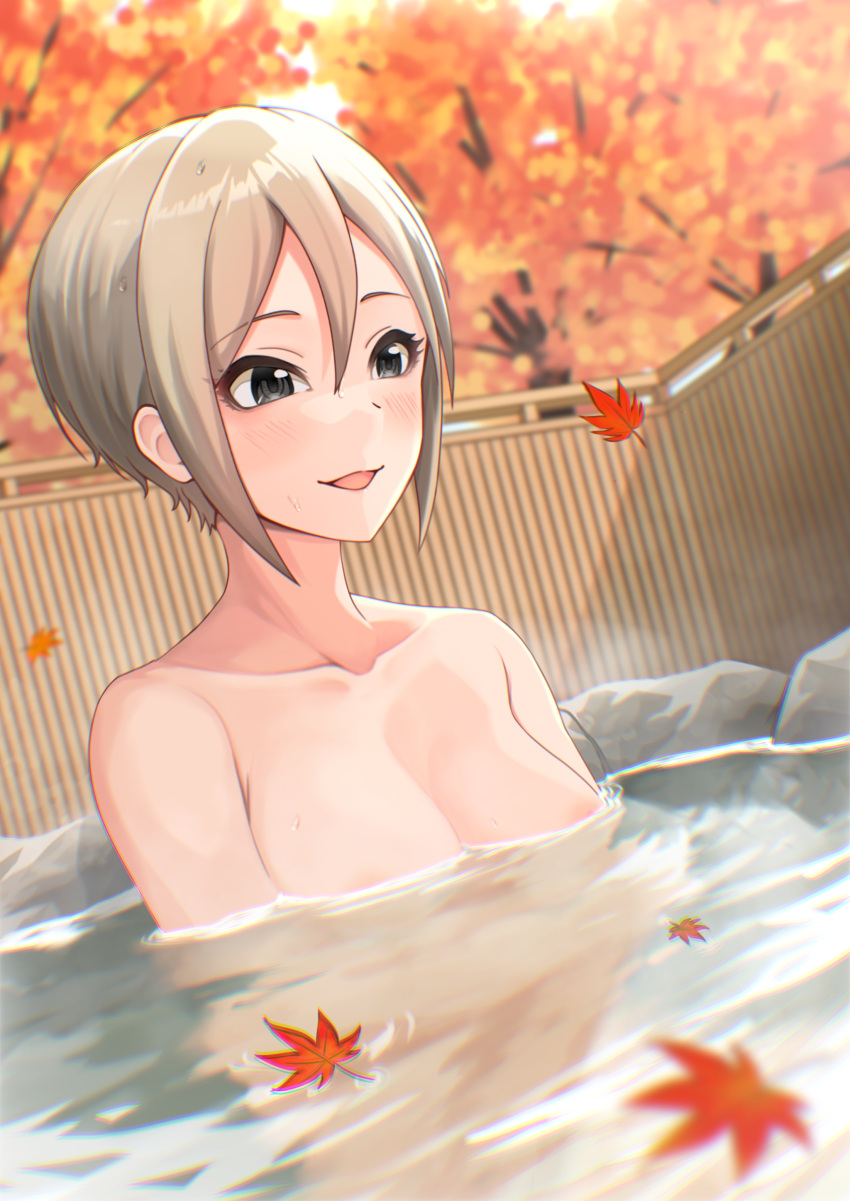 1girl absurdres autumn_leaves bamboo_fence bathing black_eyes blush breasts collarbone commentary_request completely_nude fence highres idolmaster idolmaster_cinderella_girls leaf light_brown_hair maple_leaf nude onsen partially_submerged reflection shiomi_syuko short_hair smile solo t.r tree water