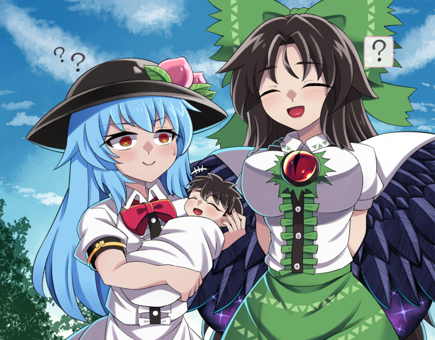 +++ 1other 2girls ? ?? @_@ baby bangs bird_wings black_headwear black_wings blue_hair blush bow bowtie breasts brown_hair buttons cape center_frills closed_eyes closed_mouth collared_shirt commentary_request commission cowboy_shot day doku_yanagi flat_chest food frills fruit green_bow green_skirt hair_bow highres hinanawi_tenshi holding_baby if_they_mated impossible_clothes impossible_shirt large_breasts leaf long_hair multiple_girls open_mouth outdoors peach puffy_short_sleeves puffy_sleeves red_bow red_bowtie red_eyes reiuji_utsuho shirt short_sleeves skeb_commission skirt smile starry_sky_print third_eye touhou white_cape white_shirt wings