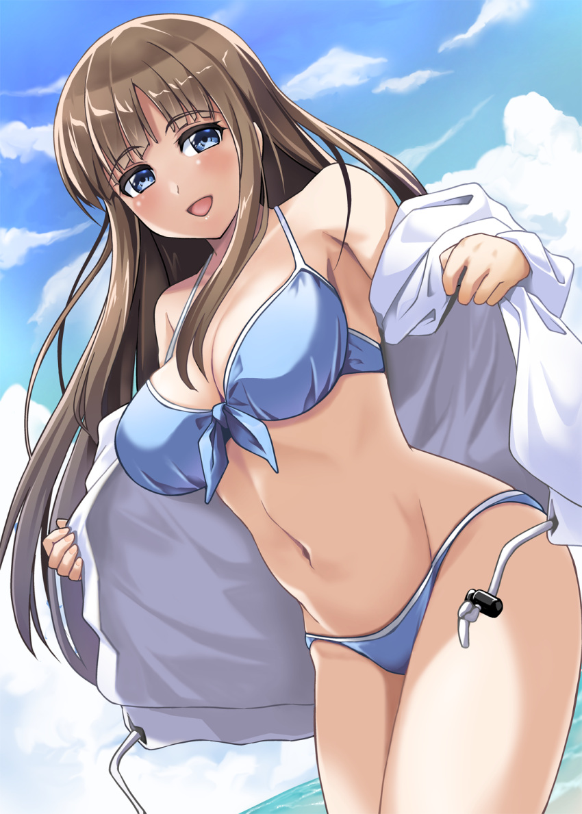 1girl accel_world bangs bikini blue_bikini blue_eyes blush brown_hair cloud day highres jacket kurasaki_fuuko long_hair looking_at_viewer navel ocean open_mouth outdoors rorie_(mpmiw) sky solo swimsuit water white_jacket