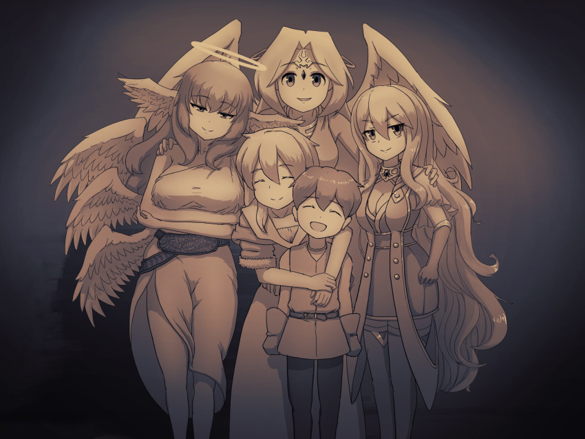 1boy 4girls ^_^ angel angel_wings aunt_and_nephew breasts cleavage closed_eyes closed_mouth dress gloves halo hand_on_another's_shoulder head_tilt highres hug hug_from_behind ilias large_breasts looking_at_viewer lucifina_(mon-musu_quest!) luka_(mon-musu_quest!) micaela_(mon-musu_quest!) mon-musu_quest! mon-musu_quest:_paradox mother_and_son multiple_girls multiple_wings open_mouth pants sepia seraph seraph_eden shirt siblings sisters smile to_kage_p vest wings