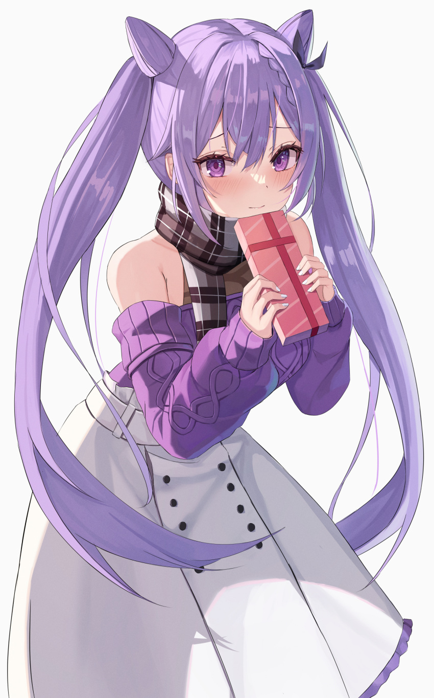 1girl absurdres bangs blush box commentary_request cone_hair_bun contemporary detached_sleeves double_bun genshin_impact gift gift_box hair_between_eyes hair_bun highres holding holding_gift i_ruru keqing_(genshin_impact) keqing_(lantern_rite)_(genshin_impact) long_hair long_sleeves looking_at_viewer official_alternate_costume plaid plaid_scarf purple_eyes purple_hair ribbed_sweater scarf sidelocks simple_background solo sweater twintails white_background